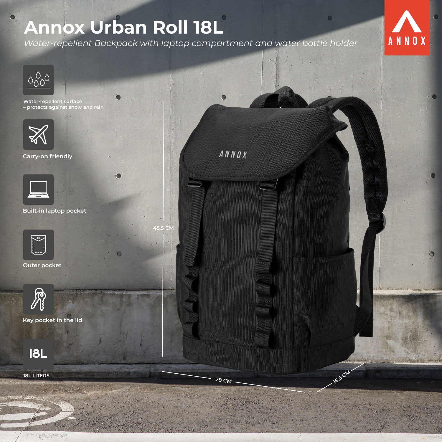 Annox Urban Roll 18L – Water-repellent Backpack With Laptop Compartment And Water Bottle Holder