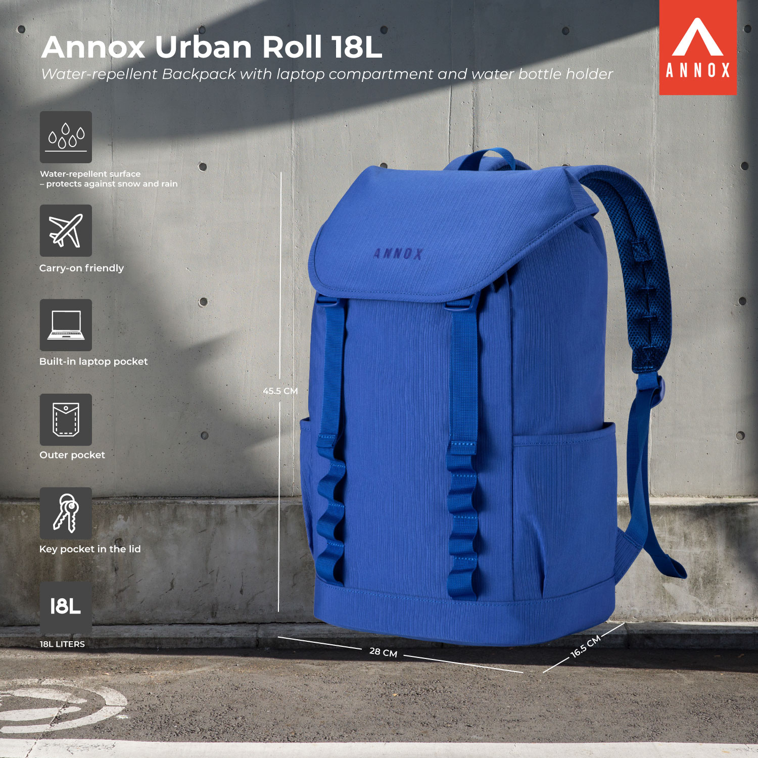 Annox Urban Roll 18L – Water-repellent Backpack With Laptop Compartment And Water Bottle Holder