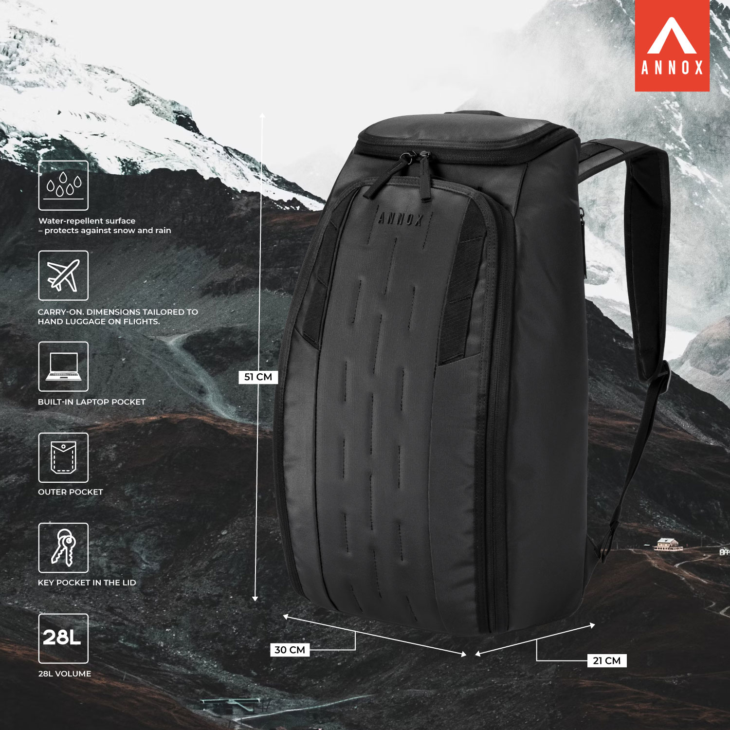 Annox Vault 28L - Water-repellent Backpack for Skiing, Sports, and Travel