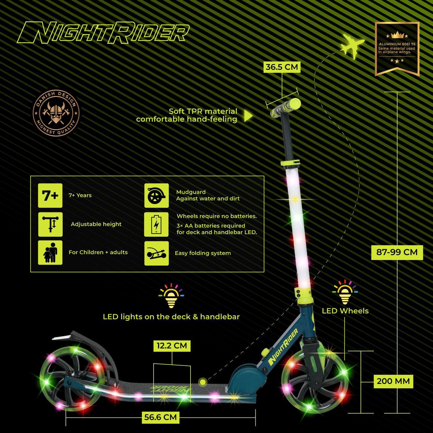 transport scooter, LED scooter, verstellbarer scooter, klappbarer scooter, scooter mit licht, scooter kinder und erwachsene, night rider scooter
